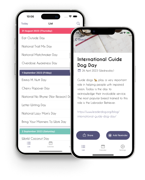 Image describing National Holiday Calendar on iPhone or iPad, with holiday list and International Guide Dog Day description